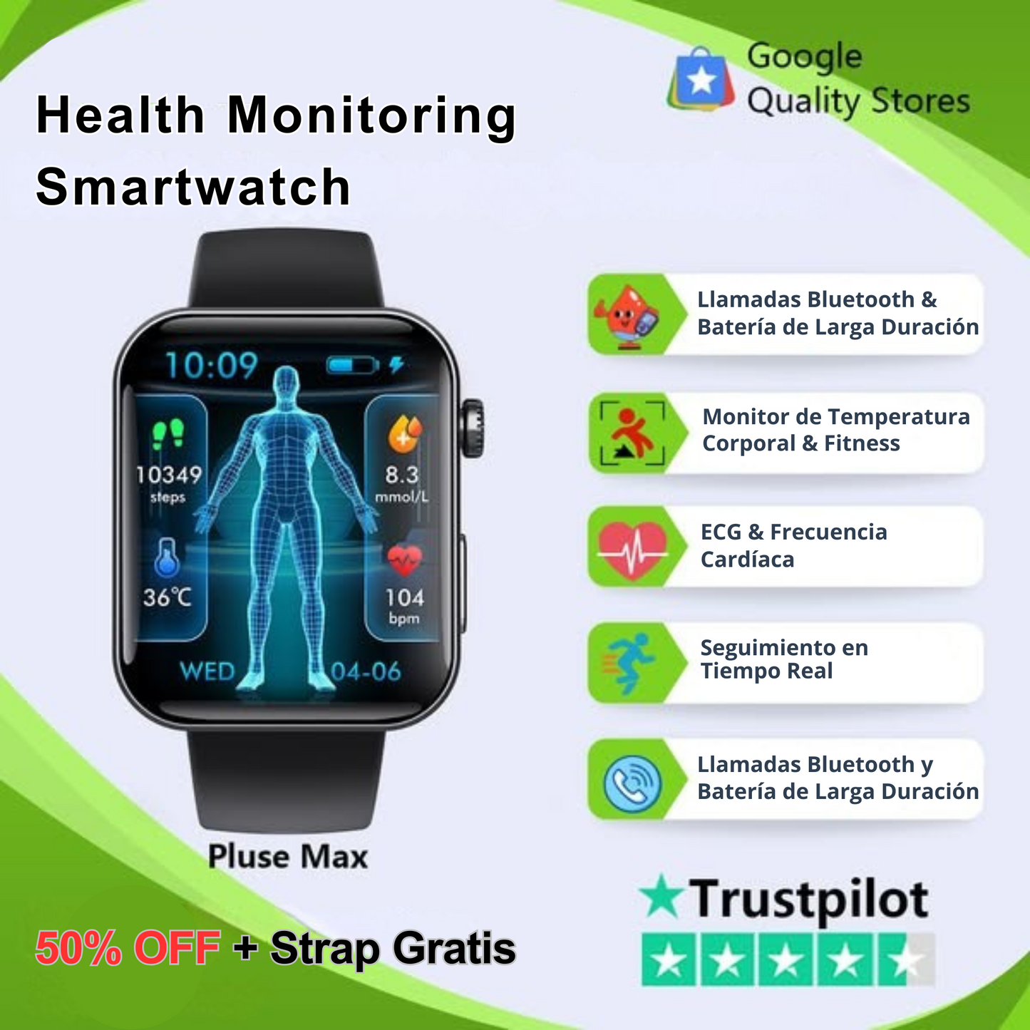 Medidor de glucosa en sangre multifuncional + Reloj Monitorizador - COMPRA 1 Y RECIBE OTRO GRATIS